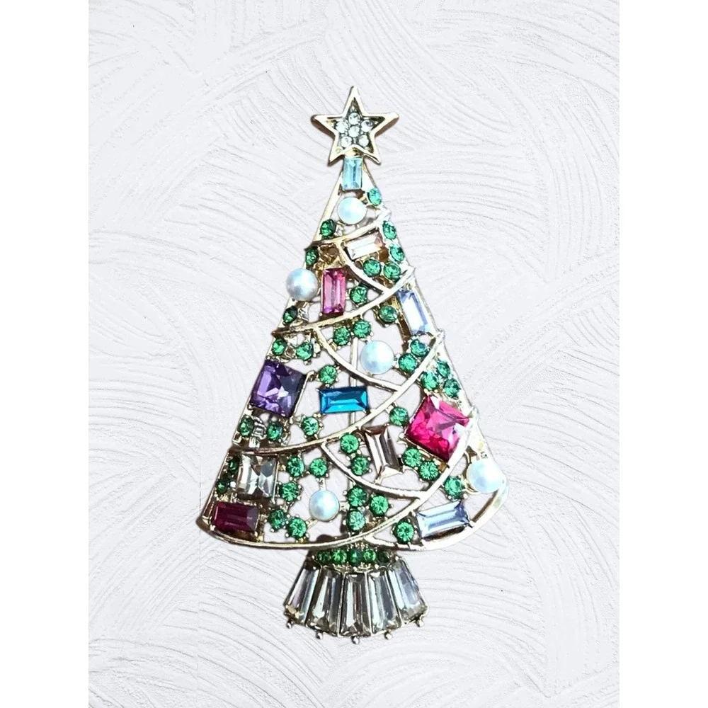 Napier Christmas Tree Brooch‎ Multicolor Rhinestone Pearl Gold Tone Holiday Pin